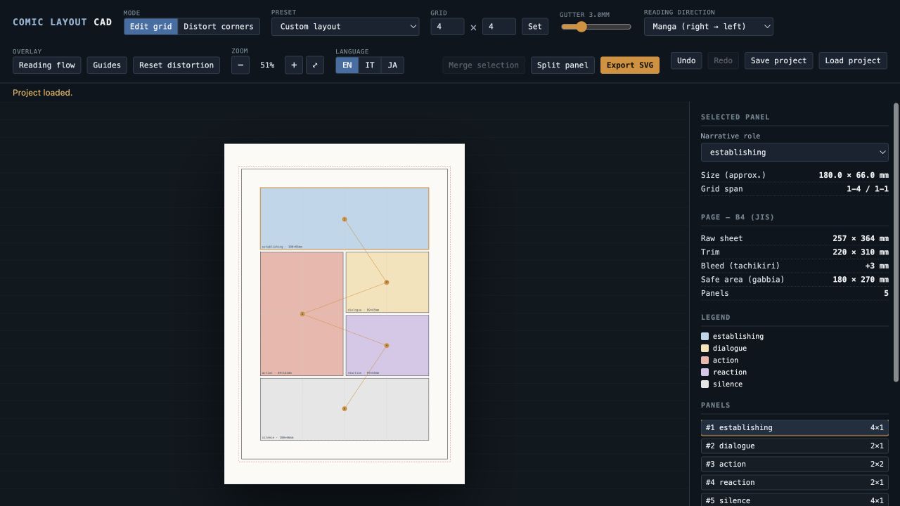 Comic Layout CAD workspace with coloured panels arranged on a portrait page