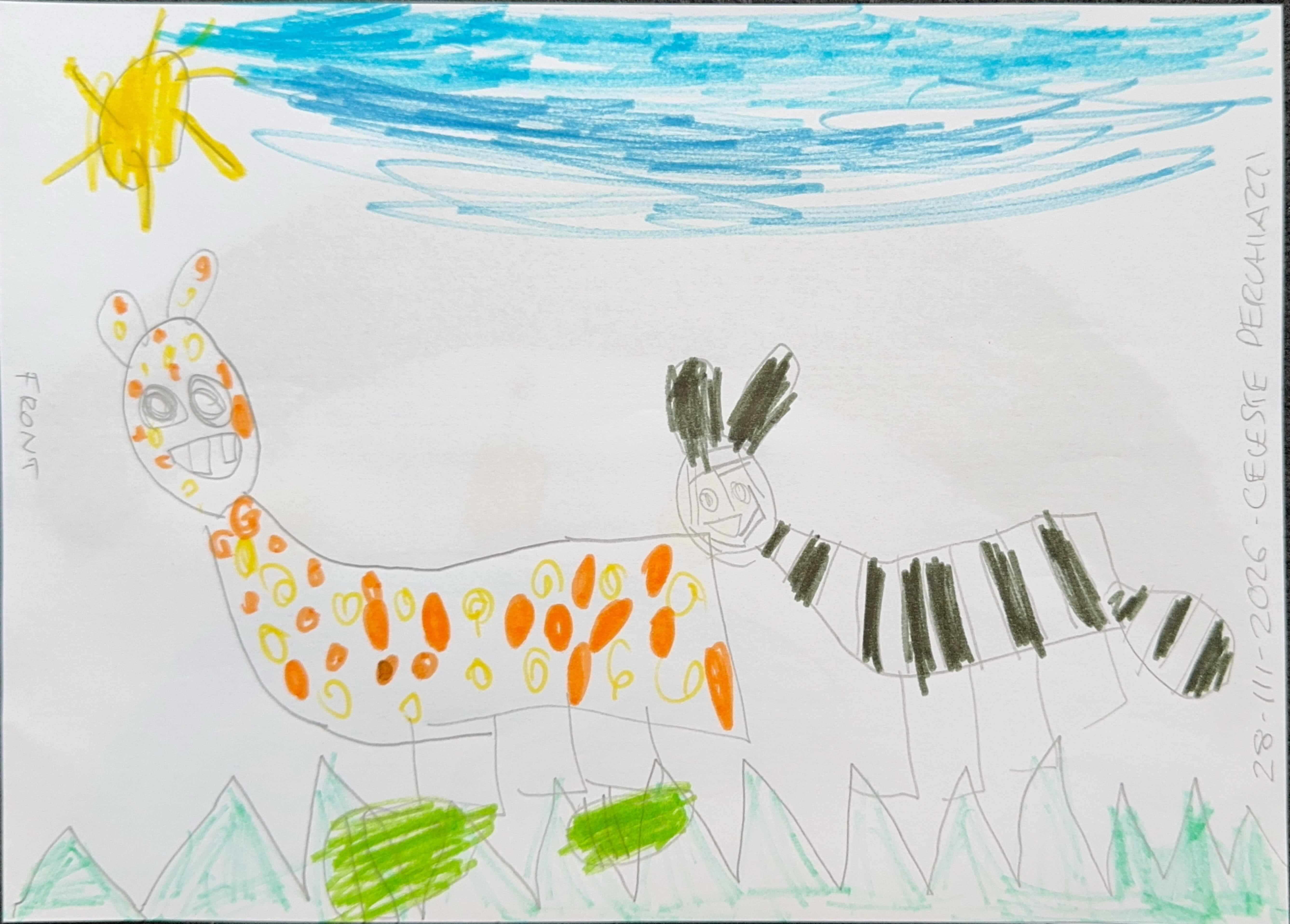 A forest imagined by Celeste, where giraffes and zebras move quietly between the trees.