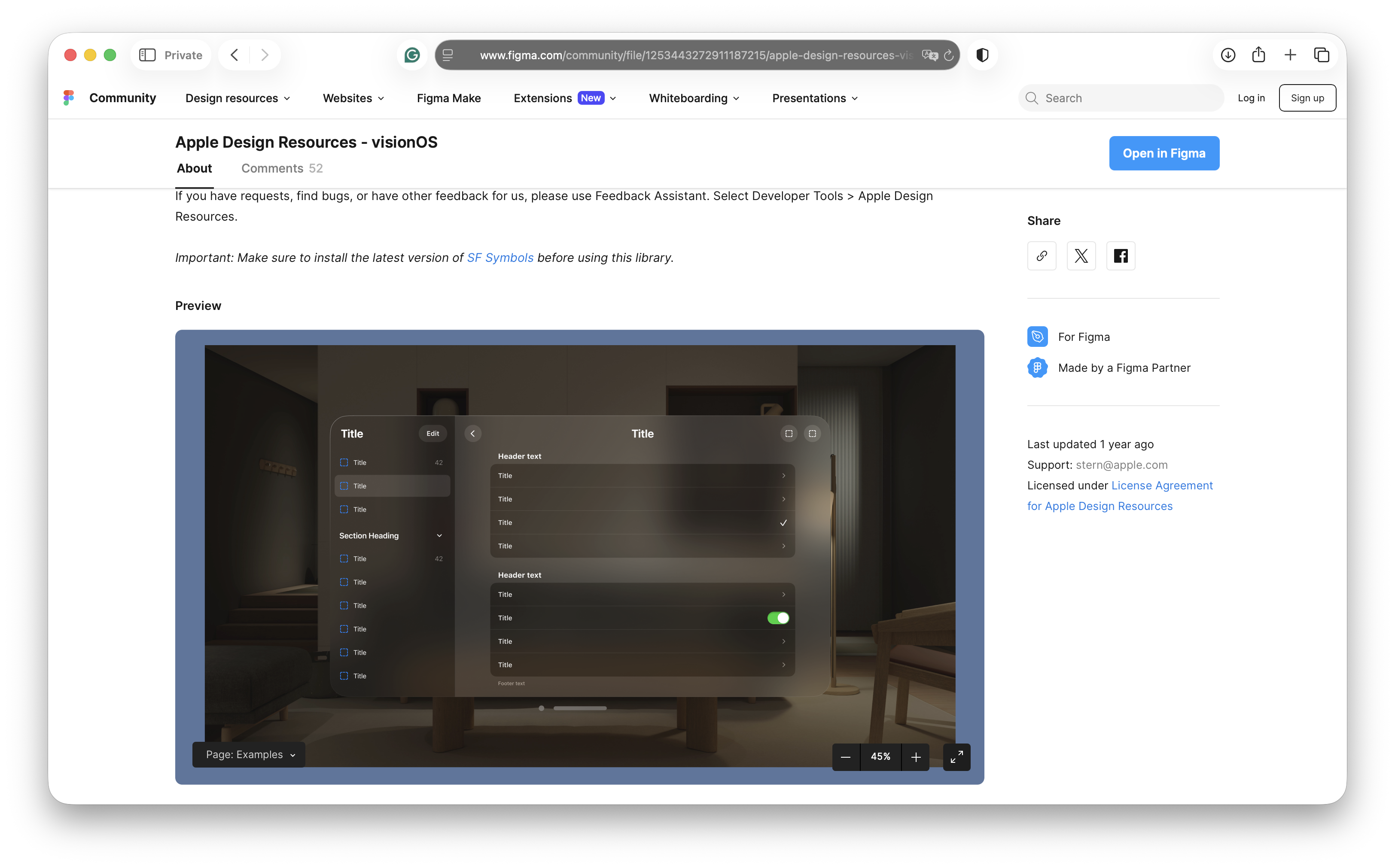 Figma preview screenshot showing a visionOS UI example.