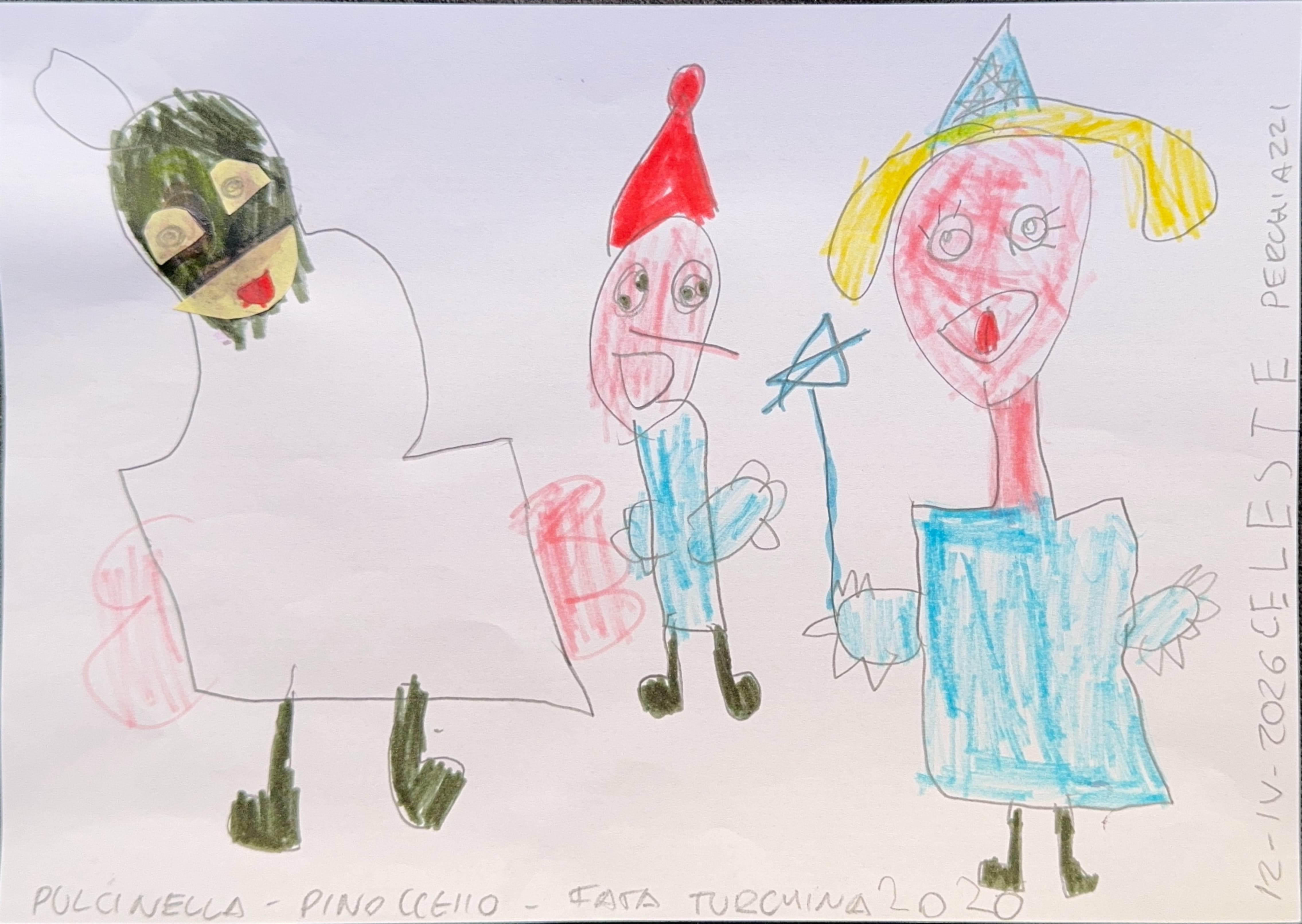 Pulcinella, Pinocchio, and the Blue Fairy — characters from Celeste’s imaginary Pinocchio village.