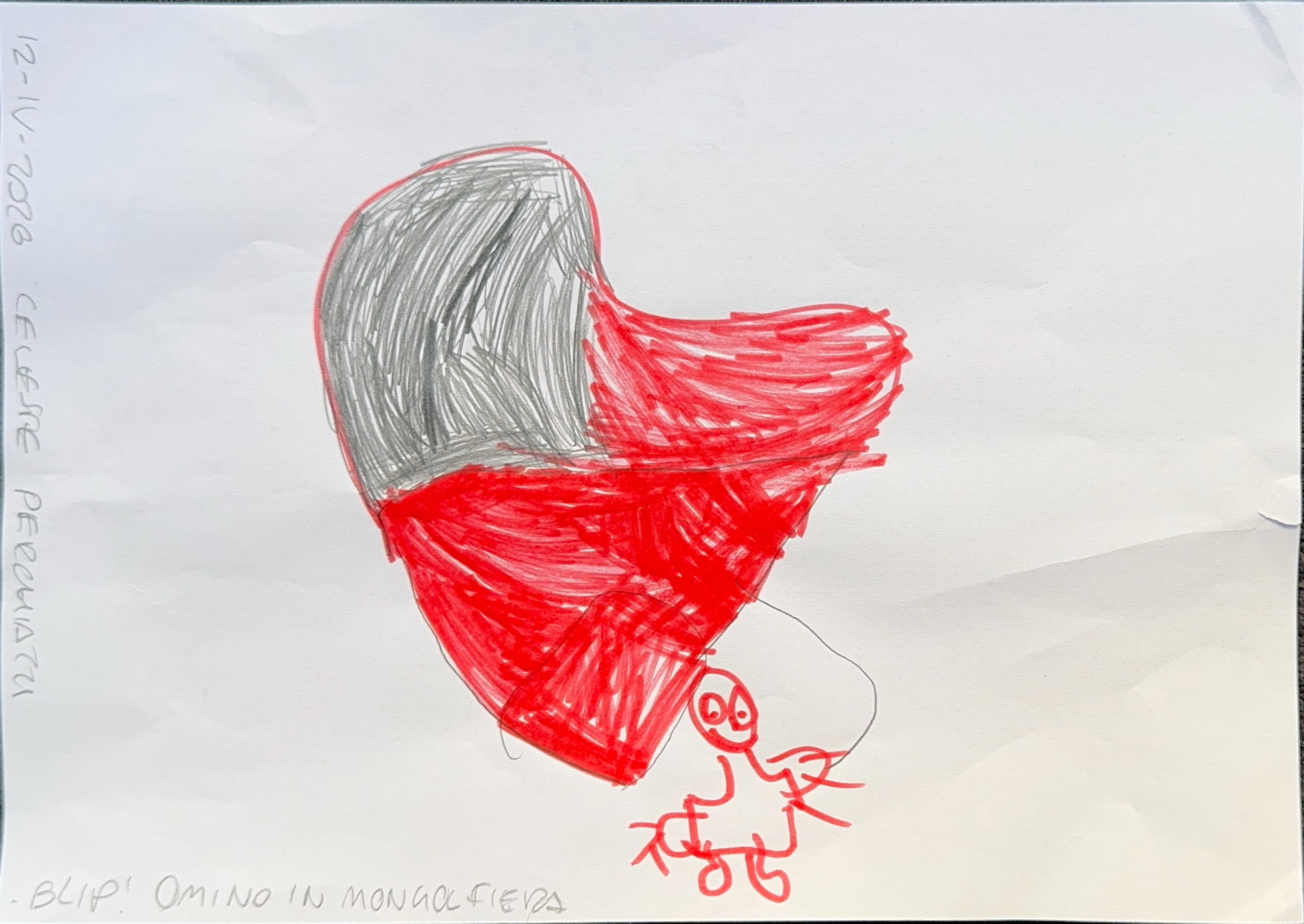 Blip, an imaginary character, flying with a giant heart-shaped balloon.