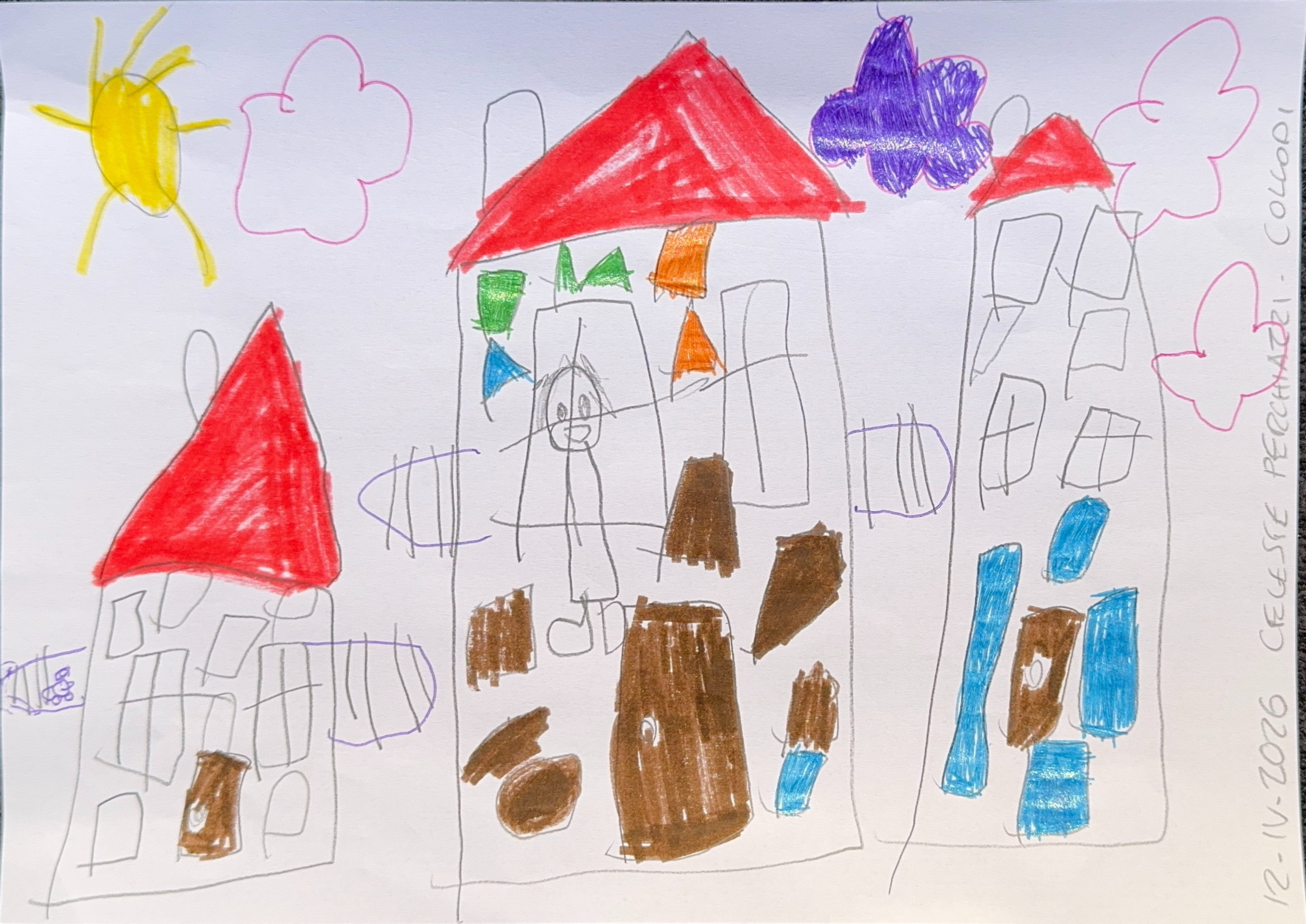 Collodi backdrop — the houses and sky of Celeste’s Pinocchio village.