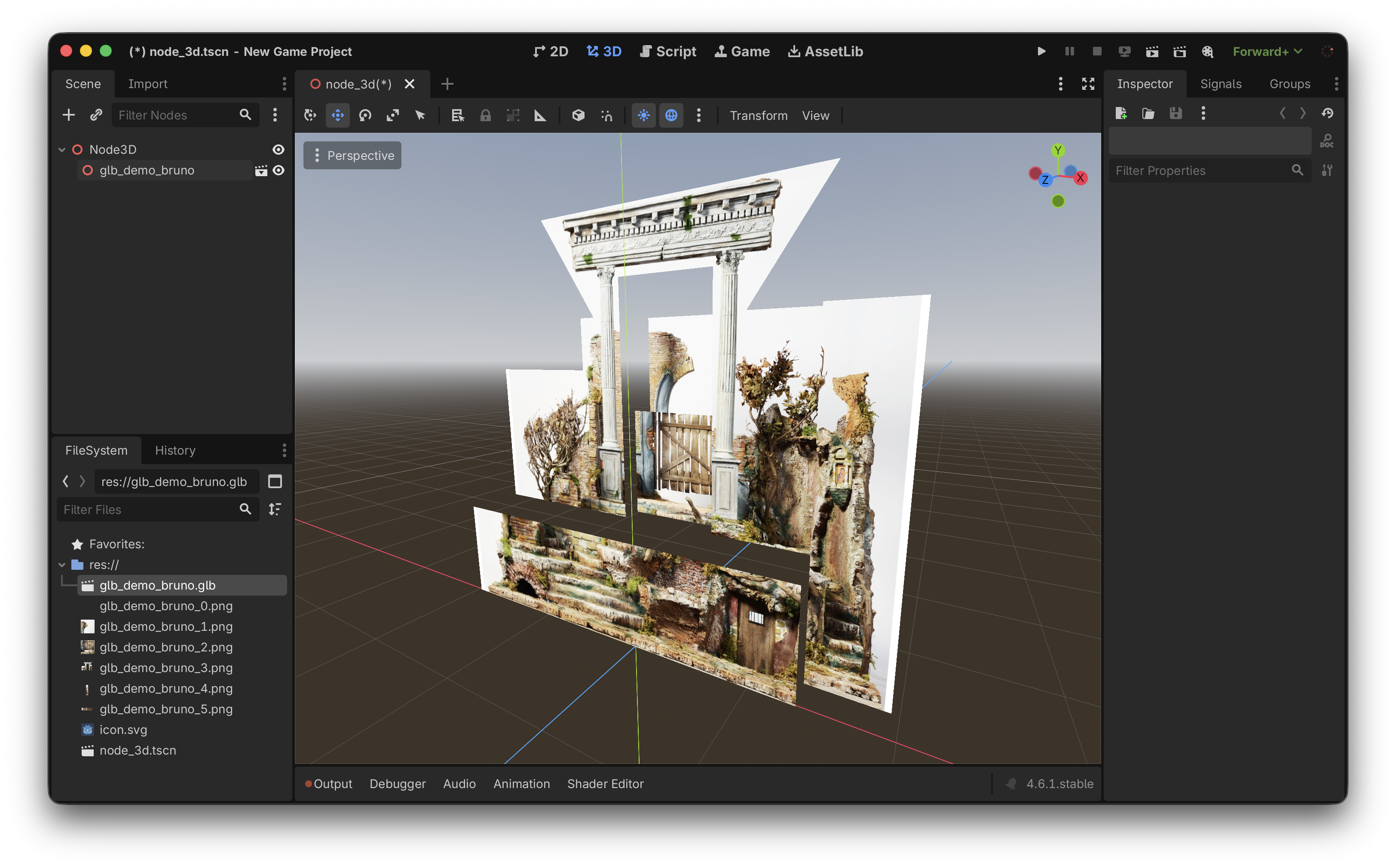 Game development workflow using Godot: import a GLB export to prototype environments and props quickly.