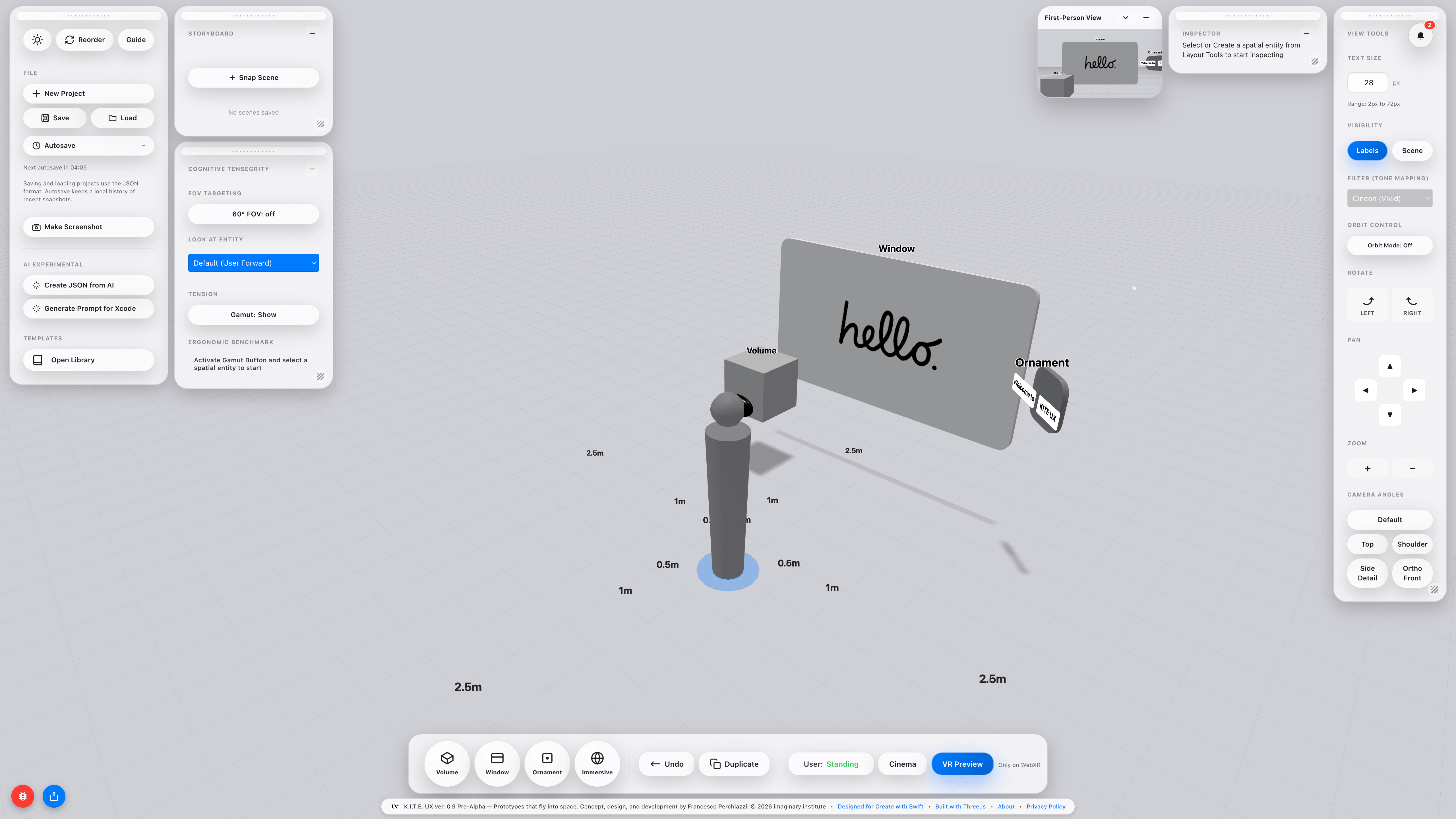 K.I.T.E. UX v0.9 in light mode, showing the main 3D canvas with a Window entity displaying "hello" and a Volume entity at 2.5m, with the Storyboard, Inspector, and View Tools panels visible.