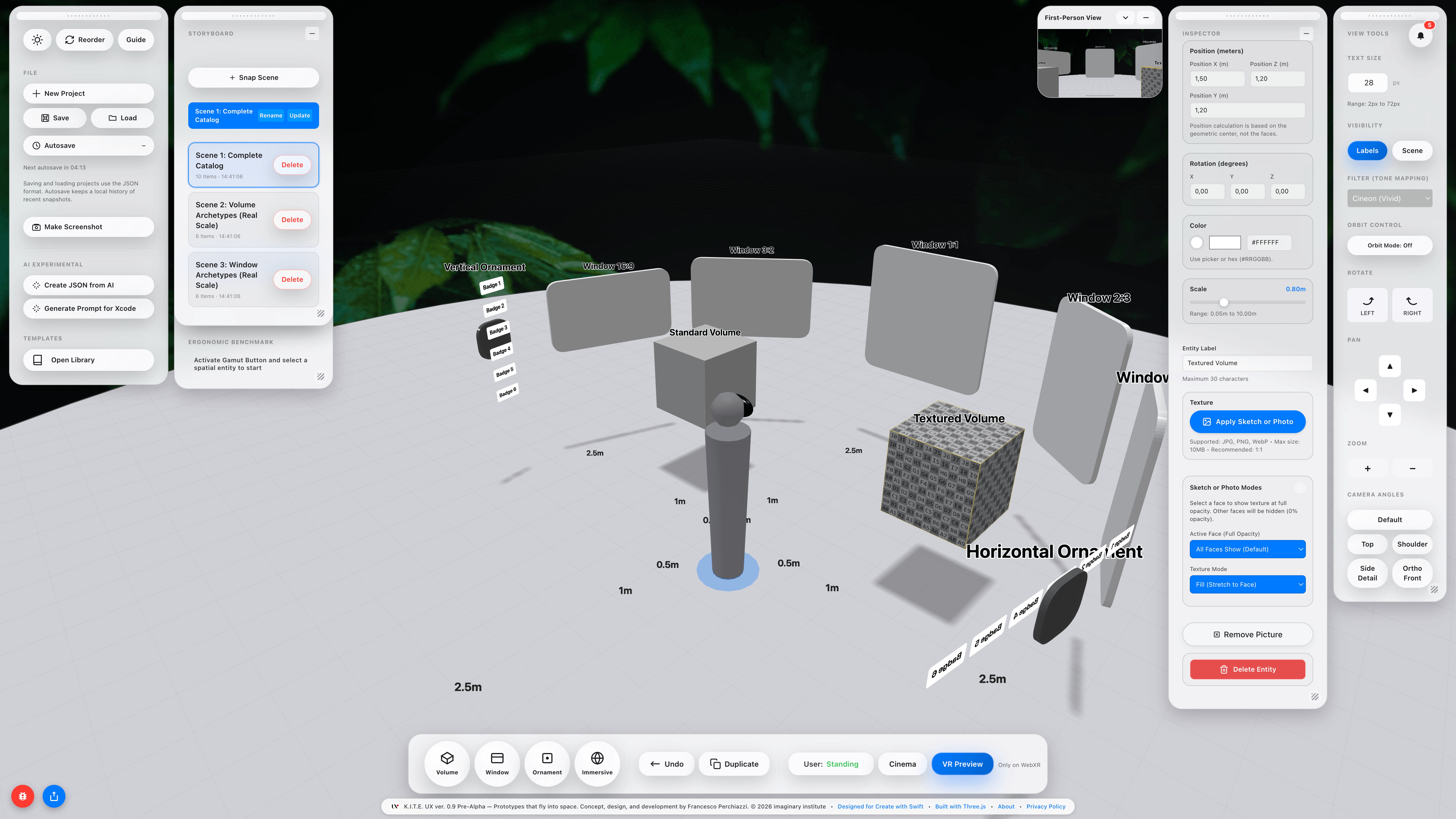 K.I.T.E. UX with an immersive 360° background active, showing the full catalogue of entity types: Vertical Ornament, Window 16:9, Standard Volume, Window 3:2, Textured Volume, Window 9:16, Window 2:3, and Horizontal Ornament, each labelled and positioned at distinct distances.