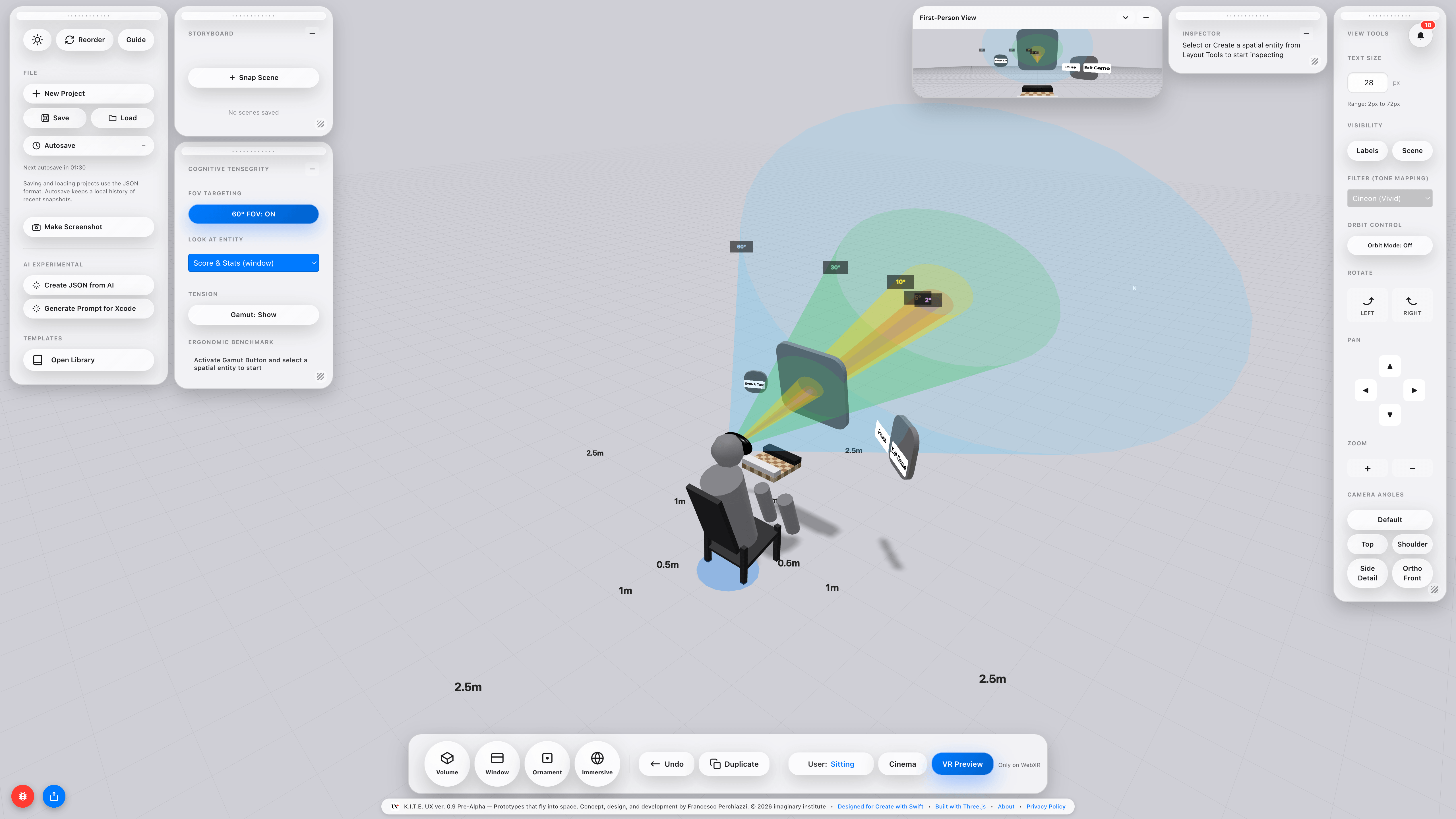 K.I.T.E. UX Storyboard panel showing four saved scenes (Hero View, Detail View, Complex View, Immersive View), with the 60° FOV cone as a light-blue arc around the user avatar, and an Explore POV Window with a landscape photo at 2.8m.