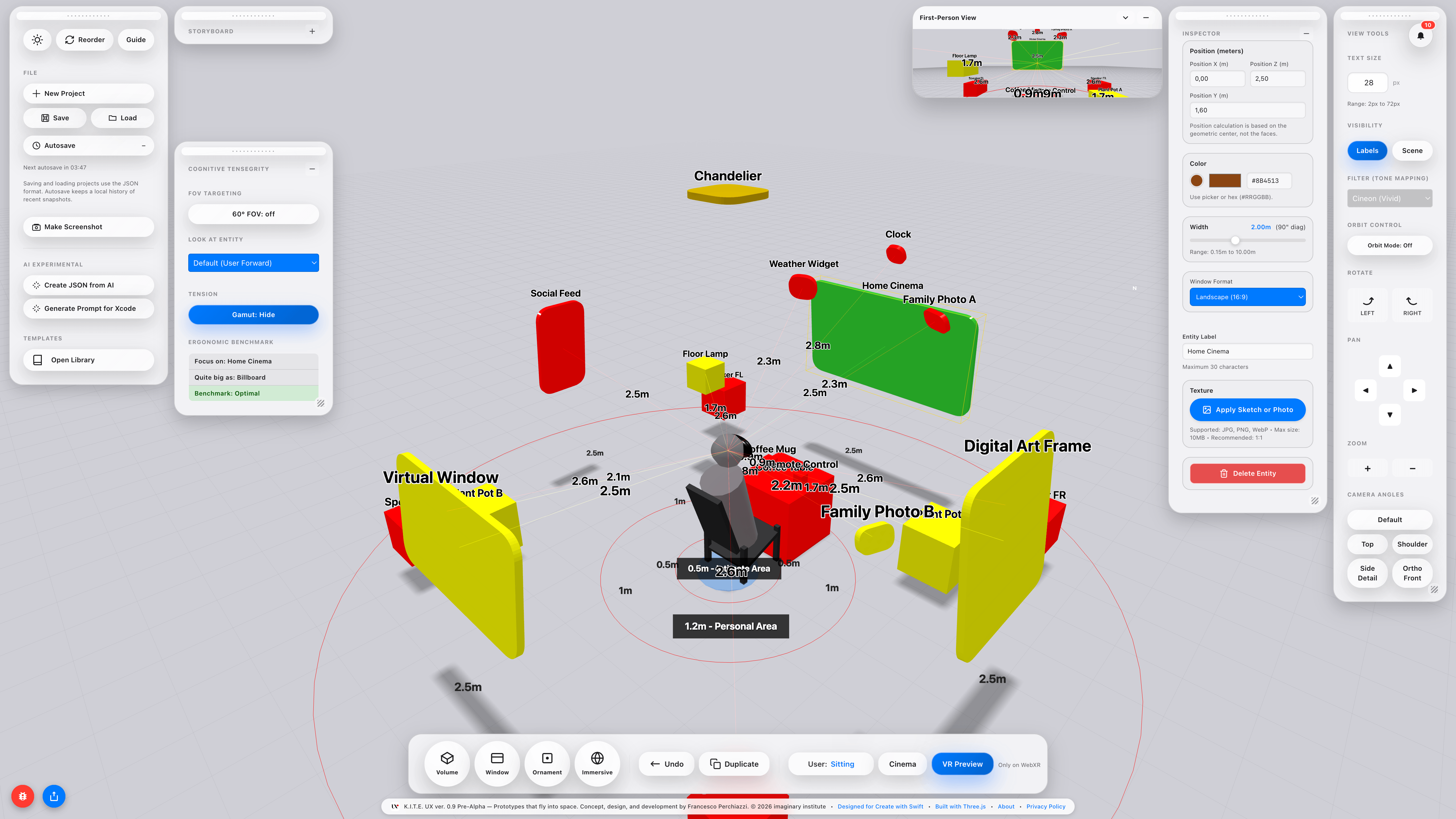 K.I.T.E. UX with the Gamut Warning system active: spatial entities named after planets are colour-coded green (Optimal), yellow (Good), and red (Critical) based on ergonomic distance. The Ergonomic Feedback Guide panel is open. Concentric floor rings mark the Intimate Area (0.6m) and Personal Area (1.2m).