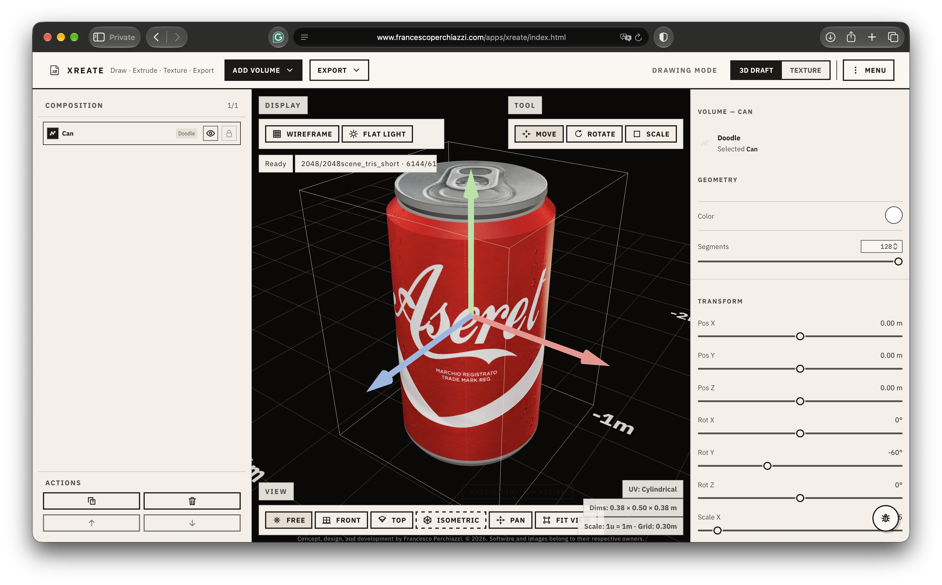 XReate 3D Draft workspace showing a textured red can, transformation handles, Composition list, and geometry controls.