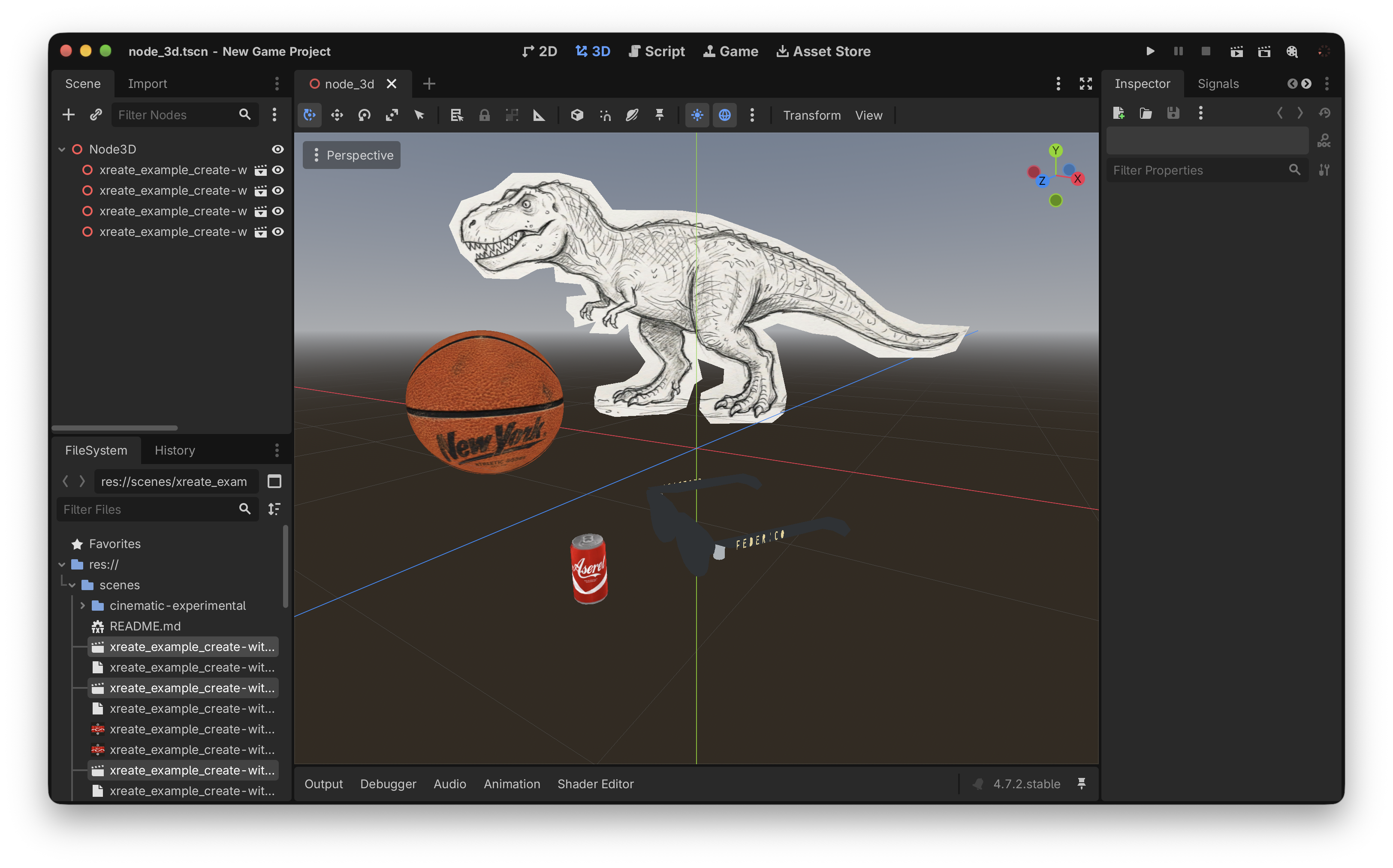 Godot showing imported XReate GLB prototypes: a drawn dinosaur, a textured basketball, sunglasses, and a can, alongside the scene tree.