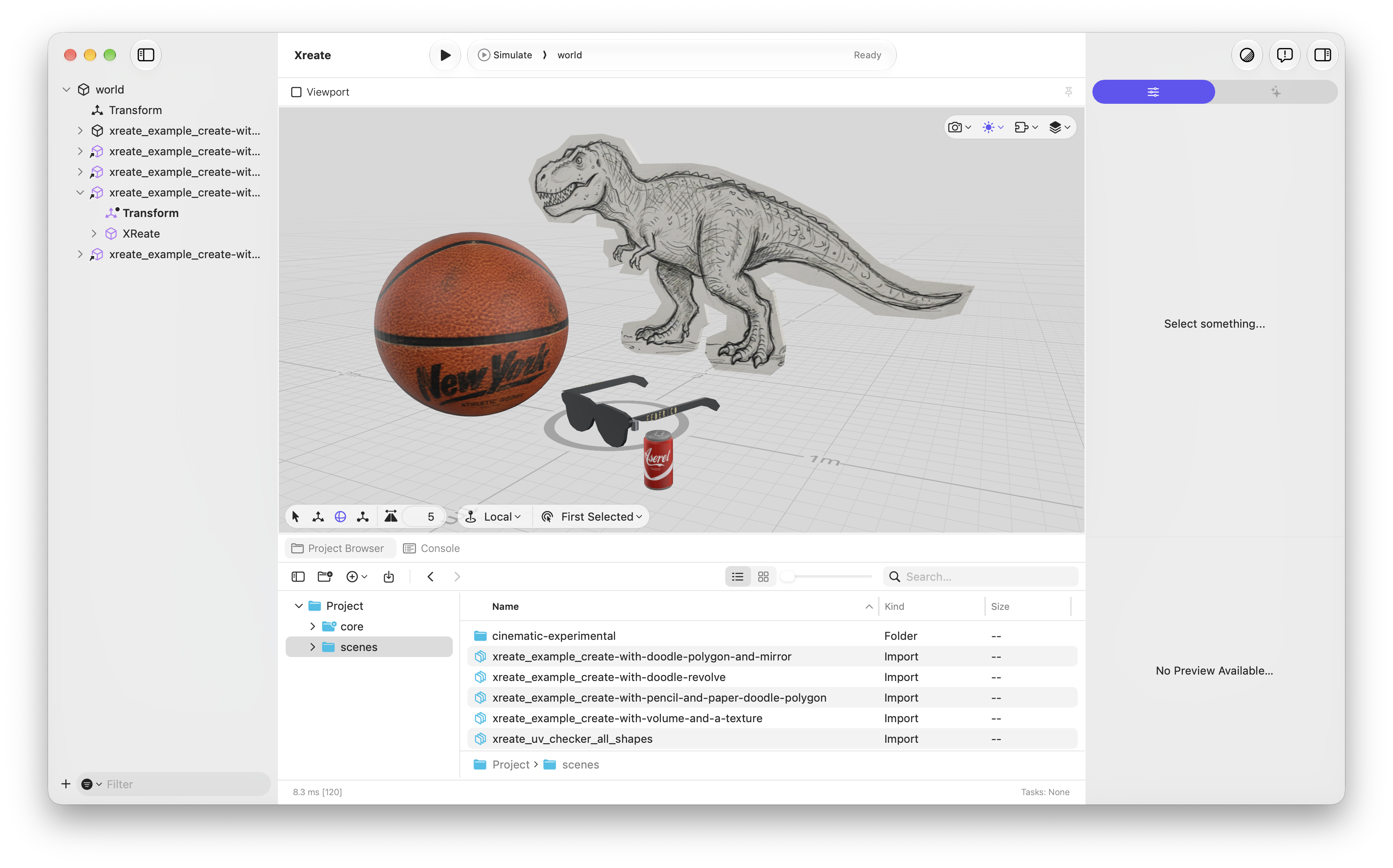 Reality Composer Pro showing XReate USDZ prototypes: a textured basketball, a drawn dinosaur, sunglasses, and a can.